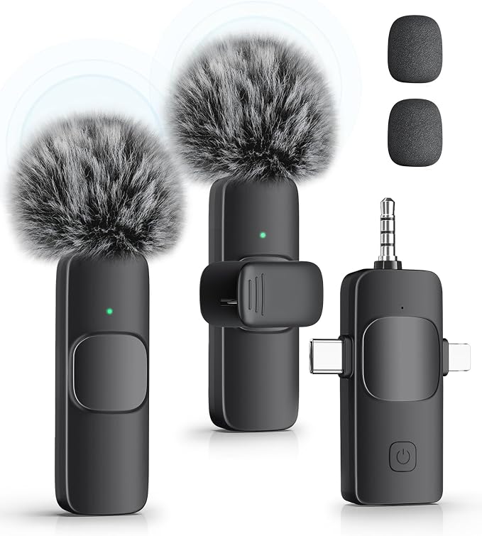 3-in-1 Wireless Lavalier Microphone for iPhone, iPad, Android, Camera - Noise-Canceling Mini Mic with 2.4G Ultra-Low Latency for Vlog, TikTok & YouTube Streaming (2 Mics) by KUKIHO