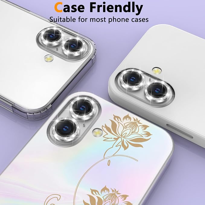 YWXTW for iPhone 16 Plus/iPhone 16 Camera Lens Protector, Individual Anti Scratch Metal Ring Tempered Glass Camera Screen Protector for iPhone 16 Accessories, Case Friendly (Silver Glitter) - Image 6
