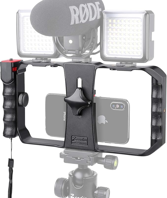 Zeadio Phone Video Rig for TikTok YouTube Reels, Smartphone Stabilizer Grip with Detachable Wireless Remote & 3 Cold Shoe, Universal Vlogging Cage for All Smartphones by Zeadio