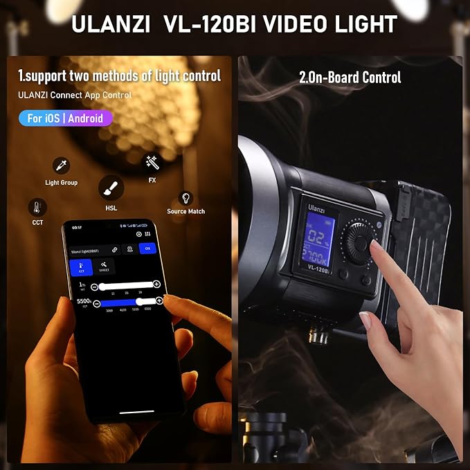 ULANZI 120W Bi-Color LED Video Light, 2700K-6500K 20700 lux/m COB Bowens Mount Photography Studio Light Continuous Output Lighting with APP Control, Adapter and V-Mount for Battery Powered, 6 Effects - Image 3