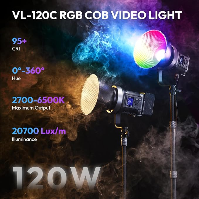 ULANZI 120W RGB Video Light COB LED Photography Lighting with Adapter & APP | 2700K-6500K 27000lux/m CRI95+ 20 Scenes Wireless Bowens Mount Continuous Output Lighting for Studio Video Recording,Filming - Image 2