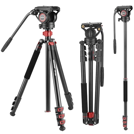 NEEWER 72" Fluid Head Video Tripod Monopod, Aluminum Alloy QR Plate Compatible with DJI RS Gimbal, 360° Pan & +90°/-70° Tilt for DSLR Camera Camcorder, Max Load 13.2lb/6kg, TP72A by Neewer