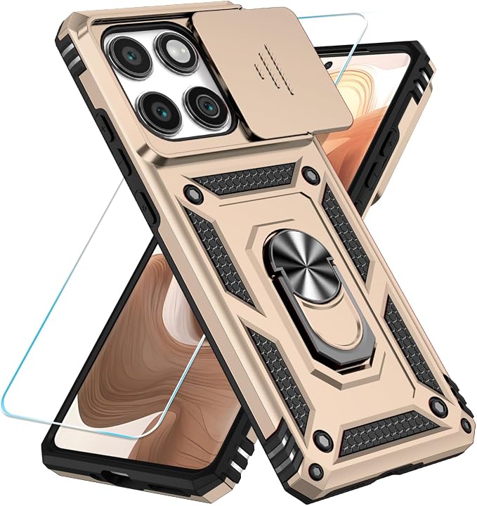 SunStory Compatible with Motorola Moto Edge 2025 Case with HD Screen Protector & Slide Camera Cover & Rotated Ring Kickstand, [Military-Grade] Phone Case for (Golden, Moto Edge 2025) by SunStory