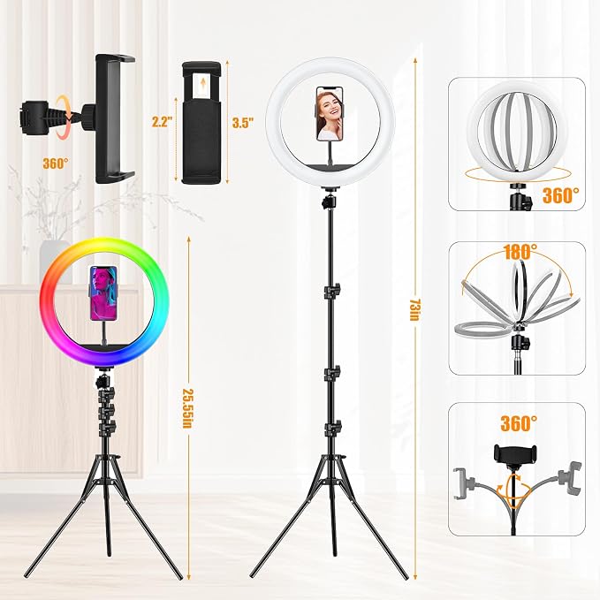 12.3" Ring Light with 74" Tripod Stand/Phone &iPad Holder-53 RGB Mode Light | Wireless Remote Circle Halo Light for iPhone, 12 Dimming Levels LED Ringlight with Stand for Makeup/Live Stream/Photo/TikTok - Image 4