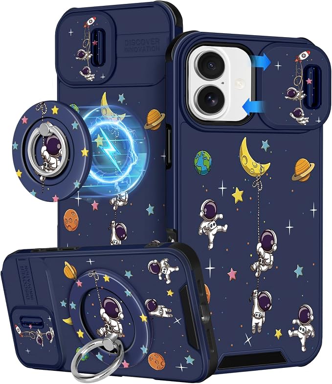 Buleens for iPhone 17 Case 6.3 Inch - with Ring Stand & Camera Cover Aesthetic Cute Designed for Women Girls Girly Cartoon Astronaut Unique Phone Case for iPhone 17 Compatible with Magsafe by Buleens