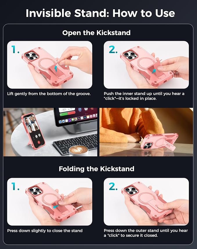 Goton 3 in 1 for iPhone 16 Pro Max Case with Privacy Screen Protector Pink | Glass Camera Lens Protector,Compatible for MagSafe,Invisible Kickstand, Shockproof Phone Cover for iPhone 16 Promax - Image 8