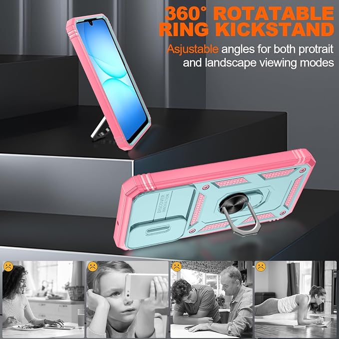 Gritup for Galaxy A17 5g Phone Case with Camera Cover | 2*Screen Protector & 360° Rotating Ring Kickstand, Military Grade Protective Cover para Galaxy A16/ A 17, Green+Pink - Image 7