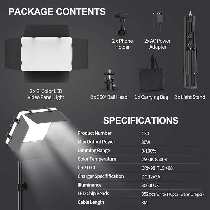 2 Pack LED Video Light with Barndoor, 30W Photography Lighting with Tripod Stand, 3000Lux CRI 98+ 2500K-8500K Studio Light Podcast Lighting for Video Recording, Game Live Streaming, Vlogging - Image 5