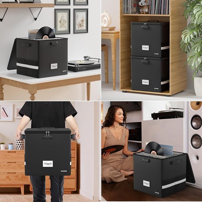 DocSafe Vinyl Record Storage Box with Lock,Fireproof Record Organizer Storage for 100+ Single Records(12-inch), Collapsible Storage Crate with Lid & Handles for Valuable Album Collection,Black,2 Pack - Image 5