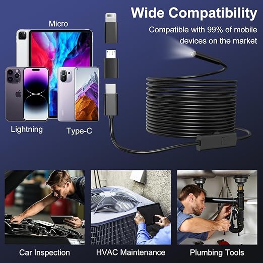 Endoscope Camera with Light, 1920P HD Borescope Inspection Camera | with 8 Adjustable LEDs, IP67 Waterproof Semi-Rigid Snake Cable for Android, iPhone, and iPad(32.8ft, Single Lens) - Image 5