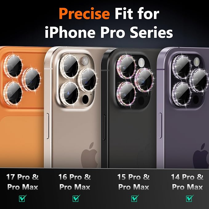 YWXTW [All-Over Glitter Camera Lens Protector for iPhone 17 Pro Max/17 Pro/16 Pro Max/16 Pro/15 Pro Max/15 Pro/14 Pro/Max, 9H Tempered Glass Camera Cover, Anti-Scratch Case Friendly (Deep Purple) - Image 5