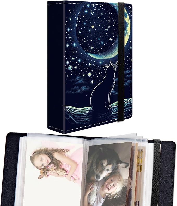 Small Photo Album 4x6 60 Pockets 120 Photos - Adventure Book Baby Photo Albums Photo Books for 4X6 Pictures Memory Book with Black Elastic Band for Photo Storage, Cute Cat Moon With Stars by Unknown