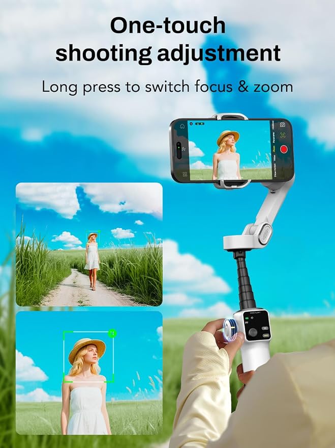 AOCHUAN Gimbal Stabilizer for iPhone & Android, 3-Axis Phone Gimbal with OLED Screen, 7.8" Extendable Rod, Face & Gesture Tracking, Ideal for Vlogging, Travel & Video Recording-Smart V8 White - Image 6