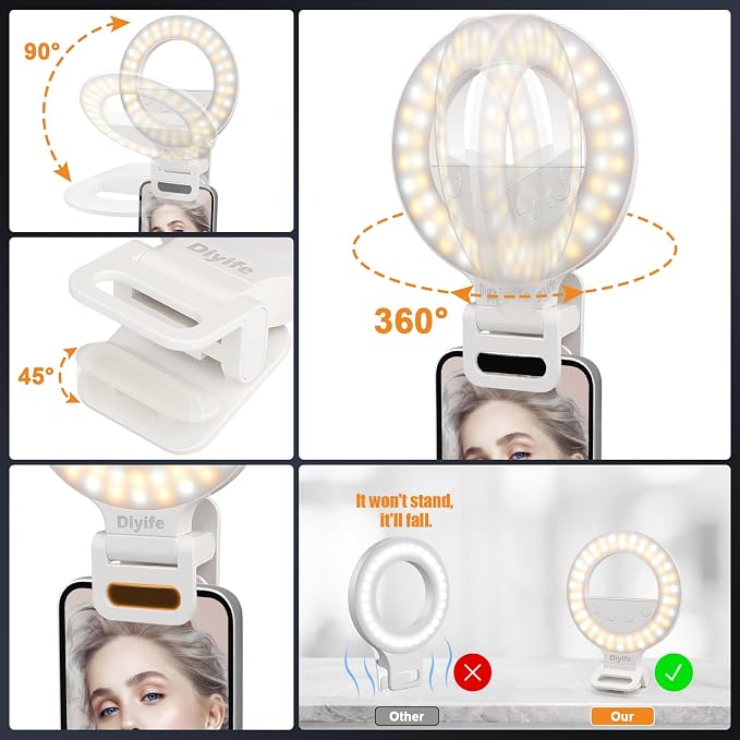 Diyife Selfie Ring Light, 60 LED Rechargeable Selfie Light for Phone | 360° Rotation 1000mAh 10 Level Brightness Portable Phone Clip on Light for Laptop, Makeup, Vlog, TikTok, Video Recording - Image 2