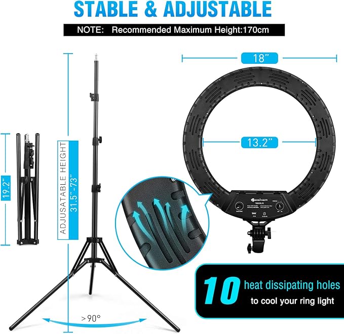 Ring Light 18 Inch LED Ringlight Kit with 73 inch Tripod Stand with Phone Holder Adjustable 3200-6000k Color Temperature Circle MUA Lighting for Camera for Vlog, Makeup,Youtobe, Video Shooting, Selfie - Image 3