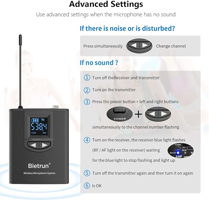 Bietrun UHF Wireless Lavalier Lapel Microphone System/Headset Mic/Stand Mic, 165ft Range, Rechargeable Transmitter Receiver, 1/4" Output, for iPhone,Android,PA Speaker,DSLR Camera,YouTube, Recording - Image 5