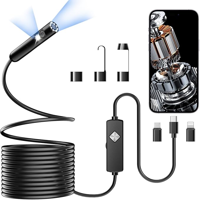 Endoscope with Light, 1920P HD Borescope with 8 Adjustable LED Lights, Semi-Rigid Snake Camera, IP67 Waterproof Inspection Tool (16.4ft, Black Harness + Dual Lens) by Unknown