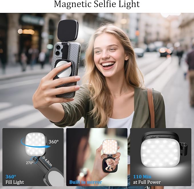 Magnetic Selfie Light Compatible with MagSafe for iPhone – Rechargeable LED Fill Light with Mirror, CRI≥95, 5 Color Temps, Foldable Ring Light - Image 2