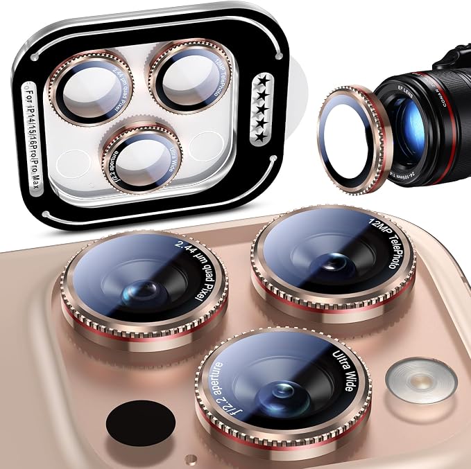 Uyiton for iPhone 17/16/15/14 (Pro Max & Pro) Camera Lens Protector | Unique Lines Text Design, Case-Friendly, Military-Grade Sapphire Glass Metal Camera Cover, Easy to Install, Gearwheel Gold by Uyiton