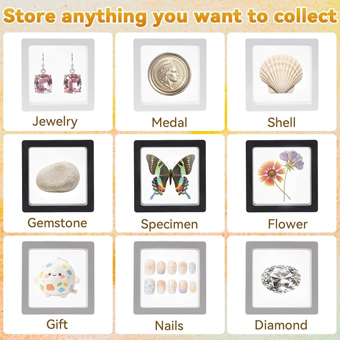 12 Pcs 3D Floating Frame Display Stand, Transparent Jewelry Gift Boxes | 2.75 x 2.75 x 0.8 Inch Small Jewelry Gift Boxes with PE Film, for Earrings Necklaces Rings Coins Specimens Crafts, 3 color - Image 6
