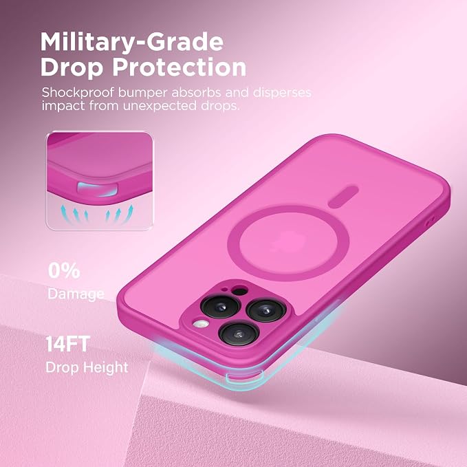 CAPRARO for iPhone 13 Pro Max Case, Compatible with MagSafe | Upgraded [Full Camera Protection] Shockproof Protective Slim Translucent Matte Magnetic Phone Case 6.7'', Shocking Pink - Image 5