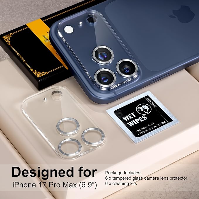 for 6 Pack iPhone 17 Pro Max Camera Lens Protectors, CD Silver | [Drop Protection] [Case Friendly] [Easy Installation] 9H Tempered Glass Camera Screen Protector Cover Accessories 6.9-inch - Image 2