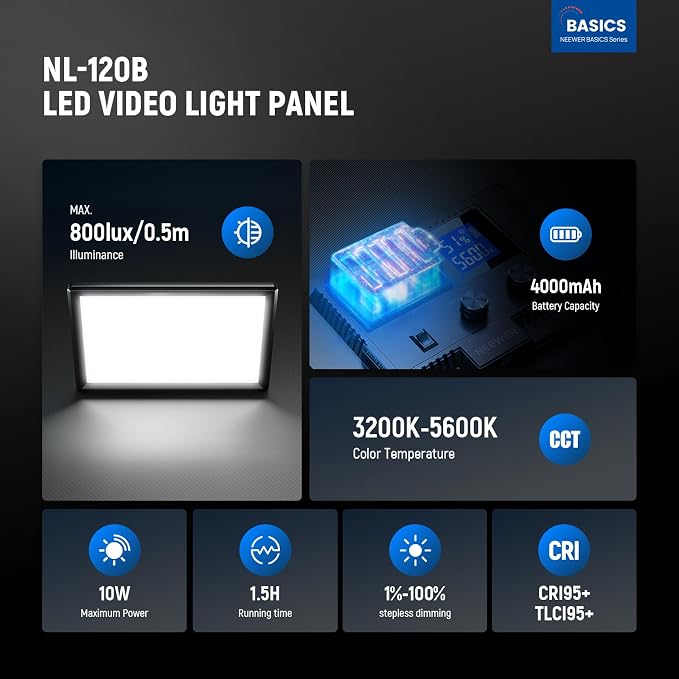 NEEWER Basics 9" LED Video Light Panel, 3200-5600K Edge Lit Dimmable Camera Soft Key Lighting, CRI95+ 800Lux 4000mAh Rechargeable for Video Recording Streaming Selfie Vlog Studio Photography, NL-120B - Image 2