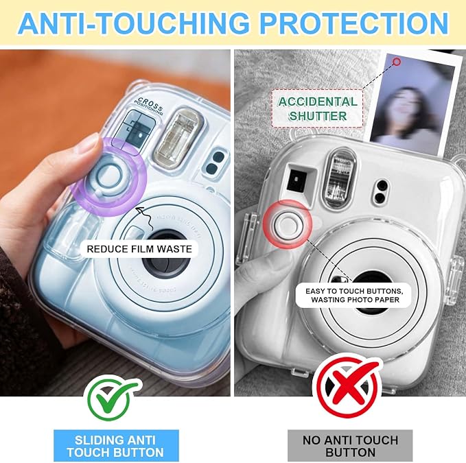 Clear Camera Case for Fujifilm Instax Mini 13, Blue Camera Strap | Protective Cover with Anti-Accidental Shutter, 4 Composition Cards, Photo Storage Holds 10 Films,Clear Hard Shell, No Camera - Image 4