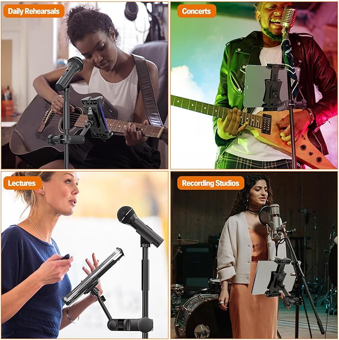 Tablet Holder for Microphone Stand, iPad Mount for Sheet Music Stand | 360° Swivel Tablet Phone Stand for Mic Stand/ Mic Tripod, for Musicians, Stage Use, Clip-on Mount Fits 4.7-12.9" Devices - Image 6