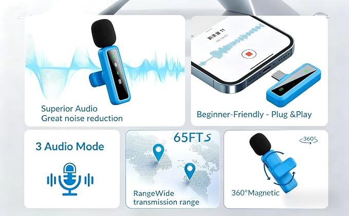 Wireless Lavalier Microphone for iPhone - iPad, Android Phone Computer, Mini Microphone for Live Streaming, Video Recording, Outdoor or Indoor Interviews, YouTube, TikTok, Vlog (Blue) - Image 3