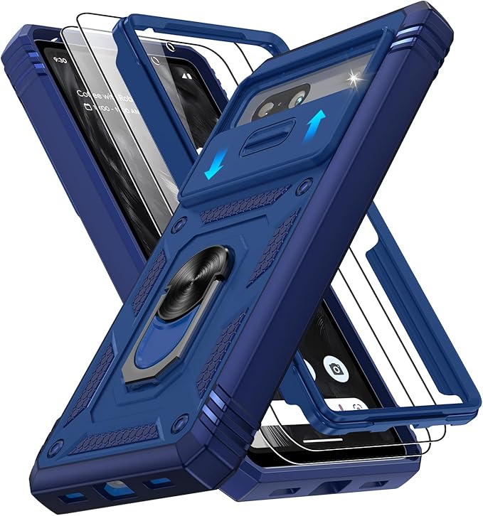 for Google Pixel 7A Case with Slide Camera Cover & Screen Protector*2, Pixel 7A Case Build in 360° Rotating Ring Kickstand, Military Grade Protective Case for Google Pixel 7A Phone Case, Blue by Gritup