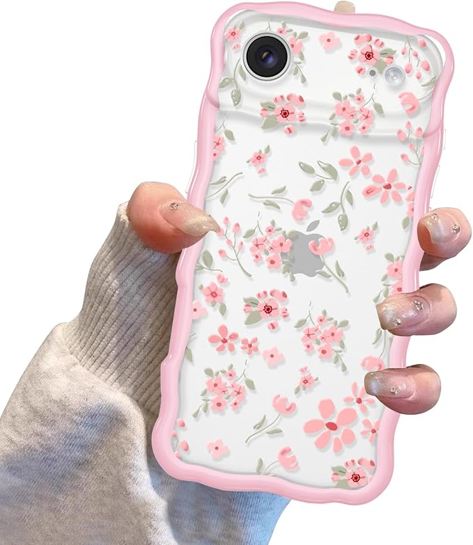 QLTYPRI for iPhone Air Pink Flower Case, Clear Cute Pink Floral Flower Phone Case Curly Wavy Aesthetic Phone Cover, Soft Slim Transparent TPU Shockproof Protective Cover for Women Girls - Pink - Image 7