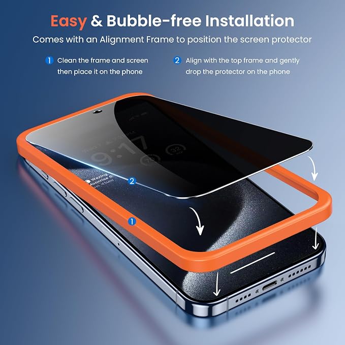Fotbor [3+3 Pack for iPhone 15 Pro Privacy Screen Protector & Camera Lens Protector, Privacy Screen iPhone 15 Pro, Anti Spy Private Tempered Glass Easy Installation Kit 6.1 Inch Accessories - Image 6
