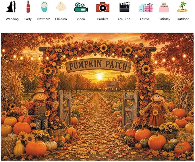 Fall Pumpkin Patch Backdrop 8x6ft Thanksgiving Autumn Harvest Scarecrow Sunflower Photography Background Fall Pumpkin Leaves Theme Baby Shower Party Decorations Photo Booth Props Vinyl - Image 2
