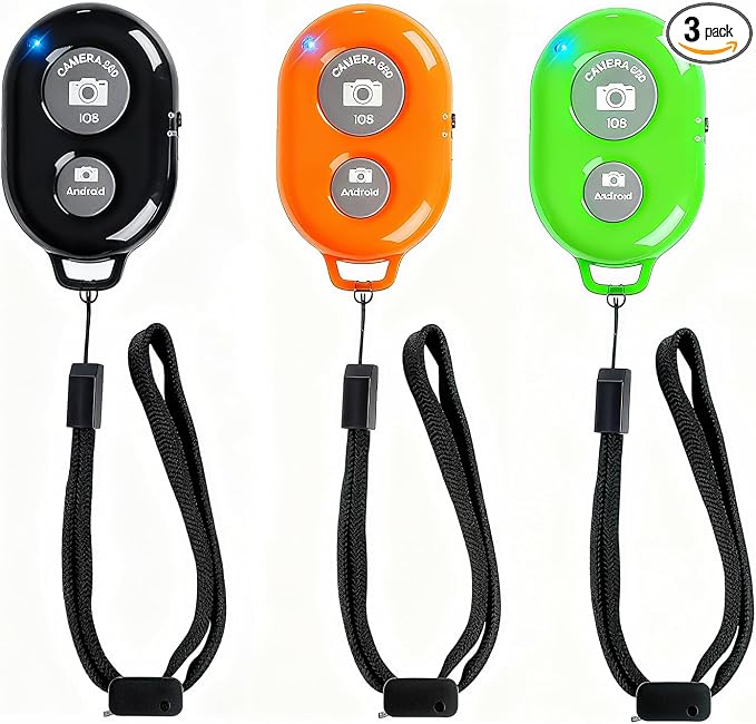 Wireless Remote Shutter for Cellphones and Tablets (3 Pack), AOQIYUE Bluetooth Remote for iPhone/Android Camera Control, Selfie Clicker for Photos and Videos - Wrist Strap Included by EszkozTA