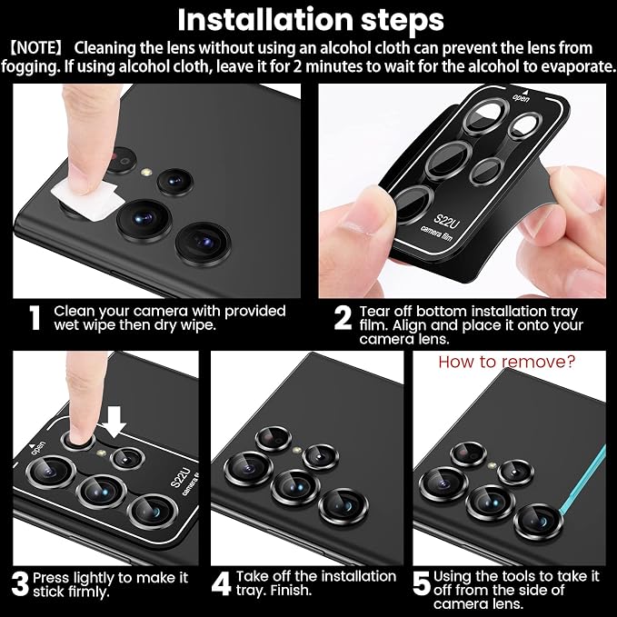 Tensea Compatible with Samsung Galaxy S22 Ultra Camera Lens Protector | 9H Tempered Glass Camera Cover Screen Protector Metal Individual Ring [Installation Tray][Case Friendly] - Image 7