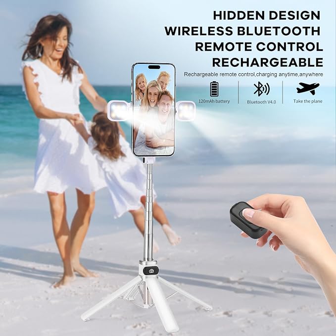 Mini Phone Tripod Stand,MQOUNY 38" Phone Tripod &Selfie Stick with Wireless Rechargeable Remote & Removable Light, Extendable Tripod Stand 360 Rotation Compatible with Phone&Android Samsung (White) - Image 5