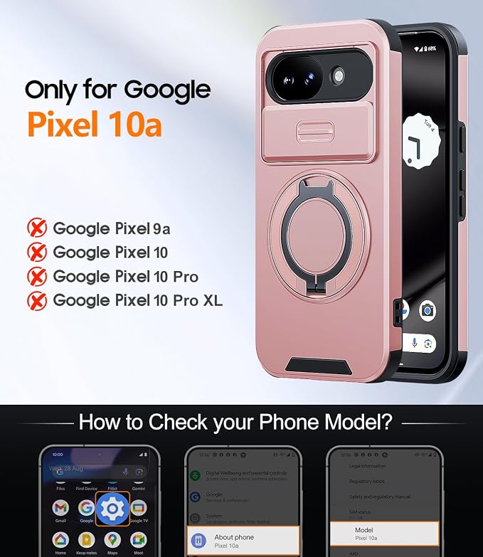 JAME for Google Pixel 10A Case with Ring Stand & Slide Camera Cover Pink | Ring Holder Kickstand, Screen Protectors, Dual-Layer Shockproof Protective, Magnetic Accessory Friendly Phone Case, Pink - Image 2