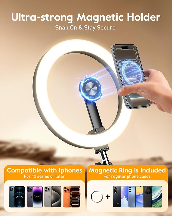 LUXSURE Ring Light with Magnetic Phone Holder, Overhead Phone Mount with 10" Selfie Light Phone Tripod with Ring Light and Remote, Phone Stand with Light for Video Recording - Image 3