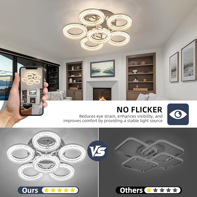 Modern Ceiling Light, 6 Rings 17.7'' Dimmable LED 60W Flush Mount Ceiling Lights with Remote Acrylic Crystal Round Ceiling Light Fixture, Bedroom Living Room Dining Room, Chrome - Image 5