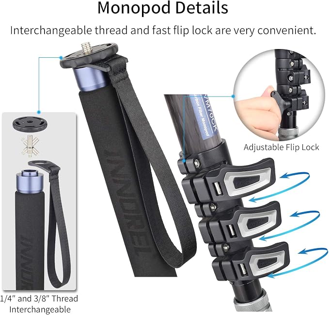 Carbon Fiber Video Monopod Kit-VM70CK Professional Hydraulic Fluid Head Monopod Removeable Multifunctional Travel Tripod Stand for Gopro DSLR Camera Telescopic Camcorders, Max Load 13 pounds/6 kg - Image 6