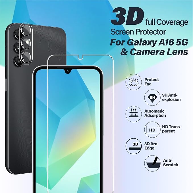 BIGFACE Galaxy A16 Tempered Glass Screen Protector + Camera Lens Protector [2 + 2 Pack][Case Friendly][Anti-Scratch][Ultrasonic Fingerprint Unlock] HD Protective Film for Samsung Galaxy A16 - Image 2