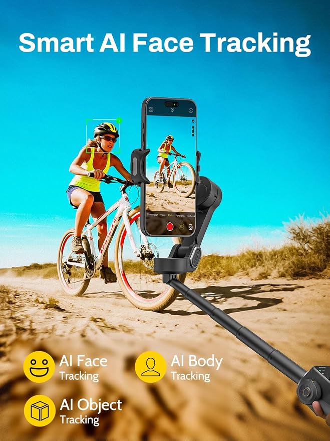 AOCHUAN Gimbal Stabilizer for iPhone w/Bluetooth Remote, 3-axis Phone Stabilizer w/7.8” Extension Rod, AI Face Tracking Smartphone Gimbal, Gesture Control for Video Shooting - Smart V8 Kit Black - Image 5