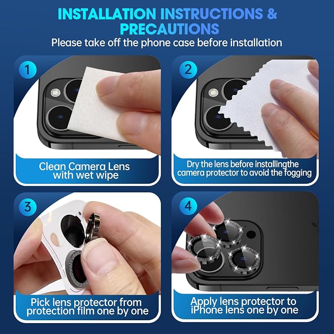 for iPhone 15 Pro/15 Pro Max Camera Lens Protector Glitter, Black | Individual Metal, 9H Hardness, Scratch Resistant, Shockproof, Drop Protection, Case Friendly, Stylish Accessories - Image 7