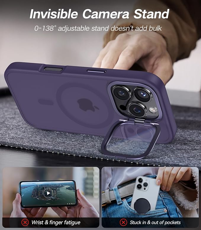 VOFATA [Upgraded] for iPhone 16 Pro Case with Camera Cover Stand [Fit for MagSafe][9H Camera Lens Protector] Mil-Grade Protection Translucent Matte Magnetic iPhone 16 Pro Phone Case, Purple - Image 3