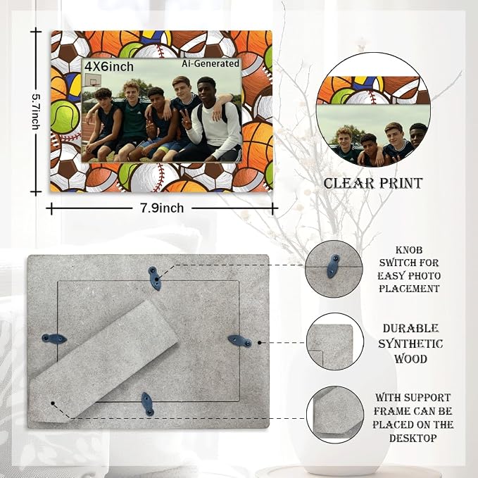 Sports Ball Picture Frame for 4x6 Photo, All Sports Photo Frame with Easel Back, Team Memory Desk Shelf Decor, Gift for Athletes Coach Boys Girls Players - Image 2