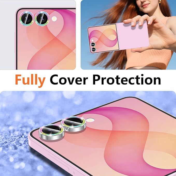 for Samsung Galaxy Z Flip 8 Camera Lens Protector, Individual Metal Ring Tempered Glass Lens Cover, [Strong Adsorption] Scratch Resistant Ultra-Thin HD Clear Lens Cover, 1 Set-Colorful Sparkly - Image 8