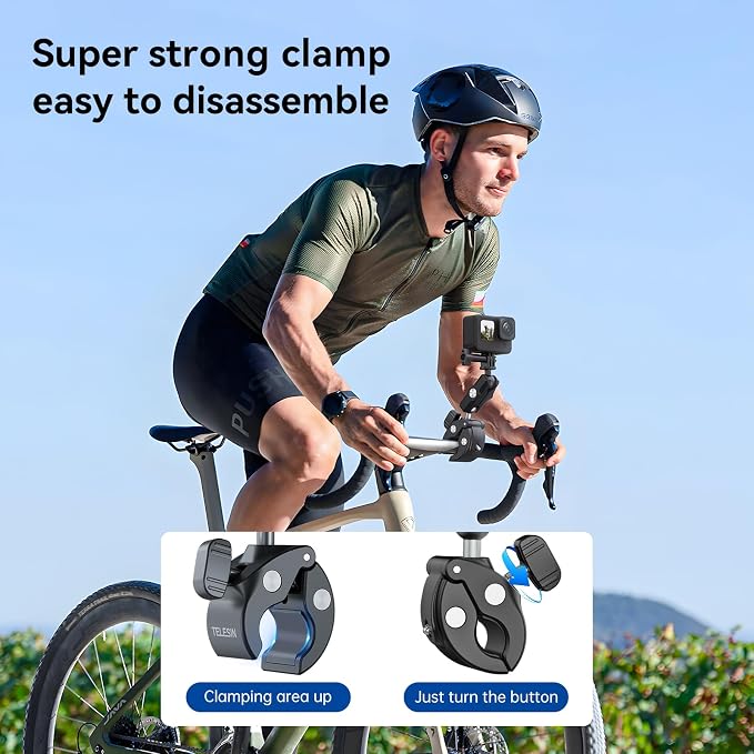 TELESIN Camera Clamp Mount Bike Motorcycle Handlebar Mounts Accessories,360 Ball Joint Tube Roll Bar Holder Clip for GoPro Mission 1 PRO/DJI Osmo Pocket 4/ Action 6 5 4/ Insta360 Luna Ultra/Xtra Muse - Image 2