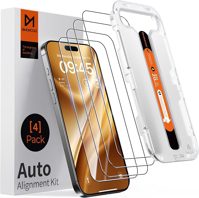DIMONCOAT 4 Pack for iPhone 16 Pro Max Screen Protector Tempered Glass 6.9" | 13FT Drop Tested, Auto Alignment Kit, 10X Military-Grade Tempered Glass, Stronger Edge Protection, Case Friendly, Bubble-Free by DIMONCOAT
