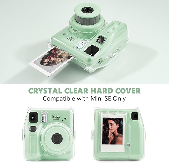 Fuji Mini SE Clear Case, Hard PC Protective Case for Instax Mini SE Instant Camera with Cute Cartoon Sticker & Adjustable Shoulder Strap - Green Lovely Panda - Image 2